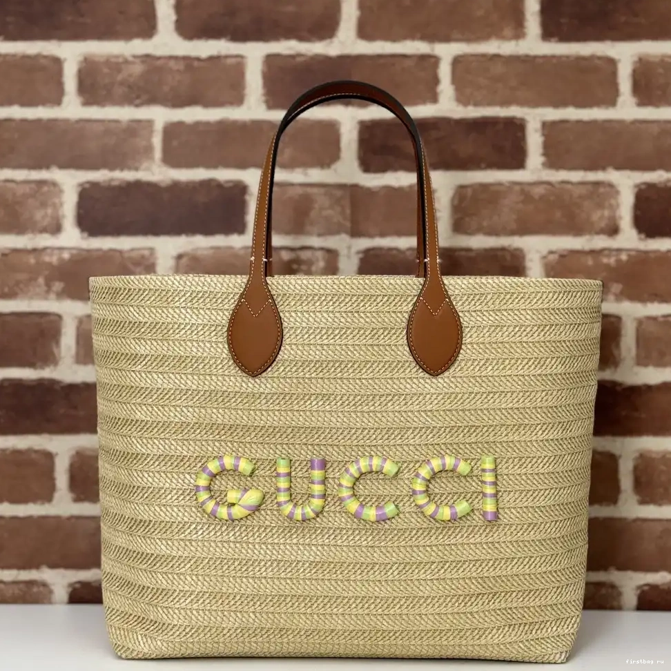First bag ru MEDIUM GUCCI STRAW-EFFECT TOTE 0511
